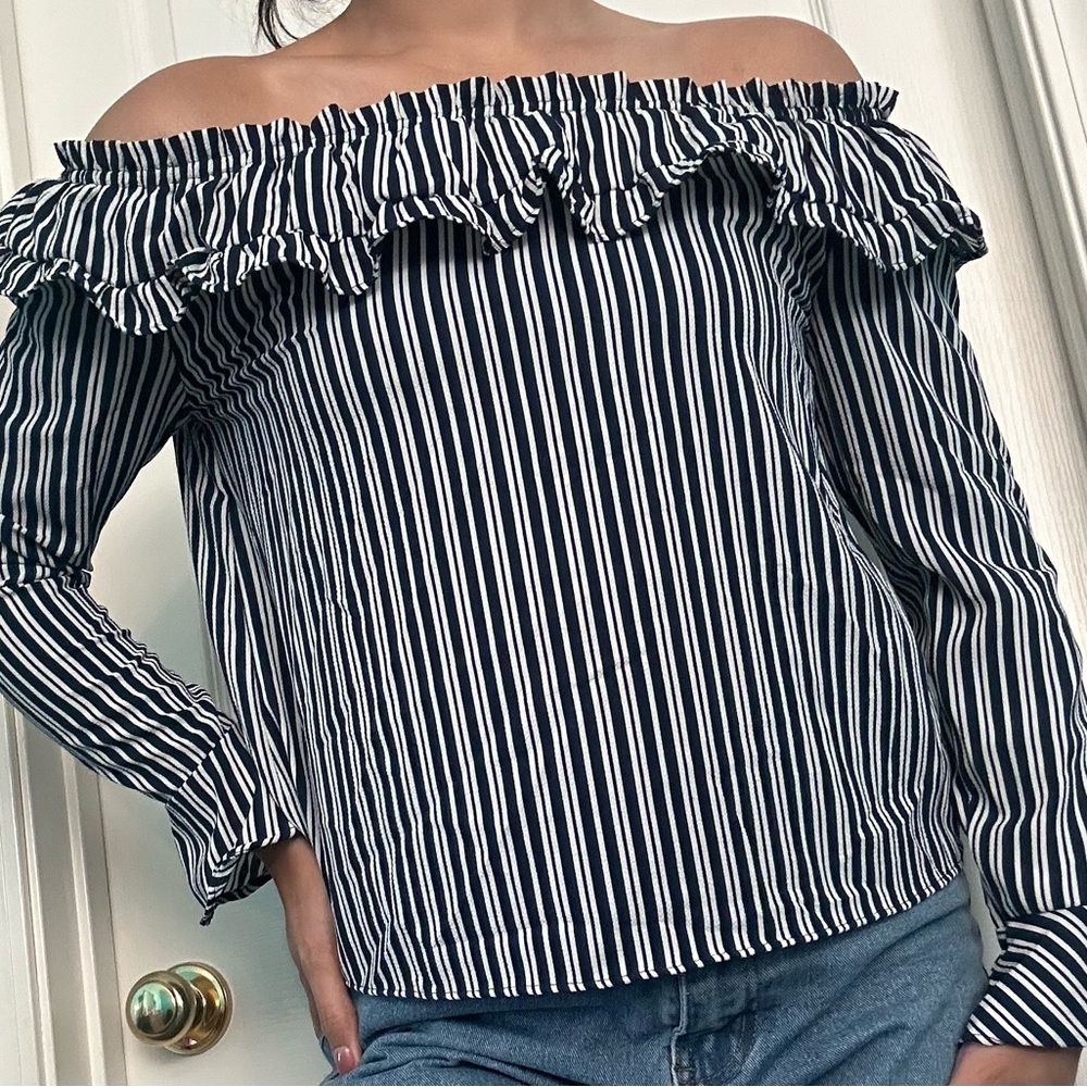 Off-Shoulder Striped Top - Navy Blue and White